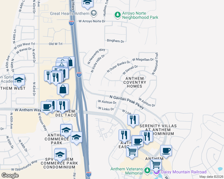 map of restaurants, bars, coffee shops, grocery stores, and more near 3819 West Ranier Court in New River