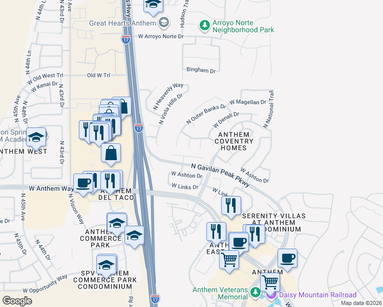 map of restaurants, bars, coffee shops, grocery stores, and more near 3819 West Ranier Court in New River