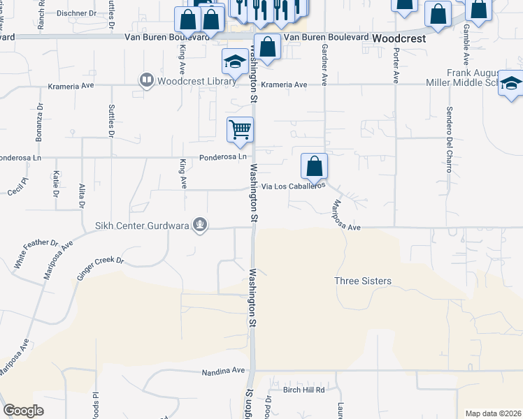 map of restaurants, bars, coffee shops, grocery stores, and more near 16960 Washington Street in Riverside