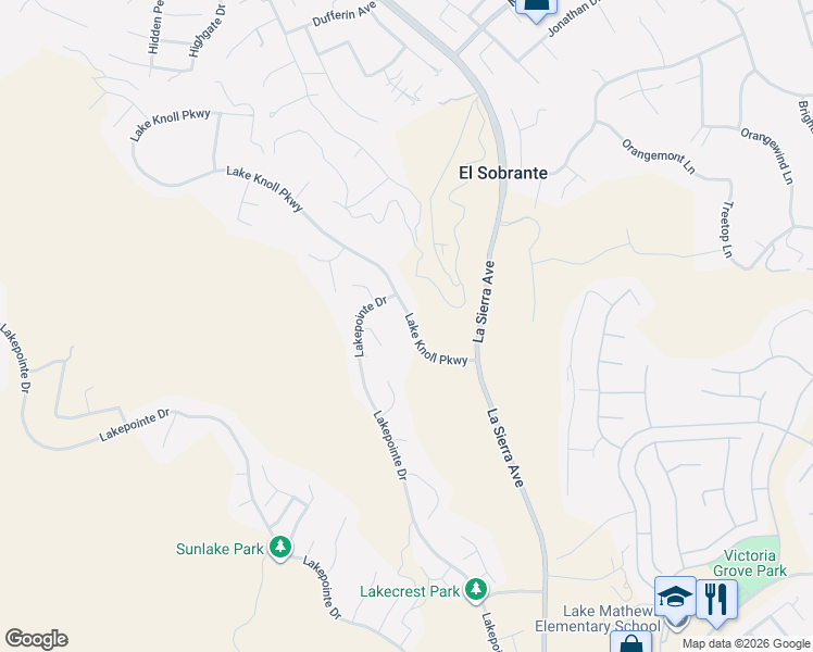 map of restaurants, bars, coffee shops, grocery stores, and more near 16985 Lake Knoll Parkway in Riverside