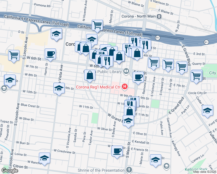 map of restaurants, bars, coffee shops, grocery stores, and more near 823 South Merrill Street in Corona