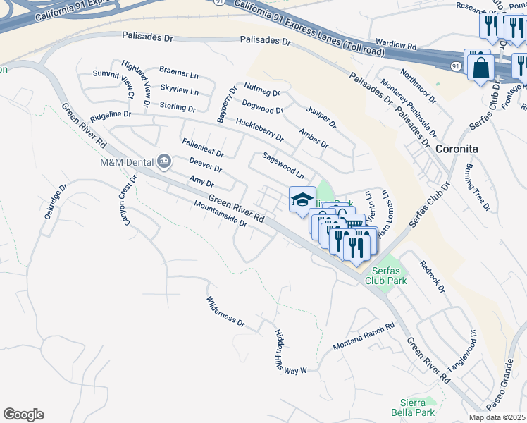 map of restaurants, bars, coffee shops, grocery stores, and more near 3100 Altura Court in Corona