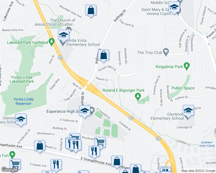 map of restaurants, bars, coffee shops, grocery stores, and more near 19162 Parkland Street in Yorba Linda