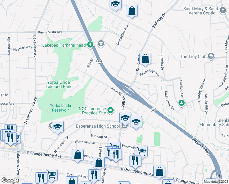 map of restaurants, bars, coffee shops, grocery stores, and more near 6041 Calle Mirador in Yorba Linda