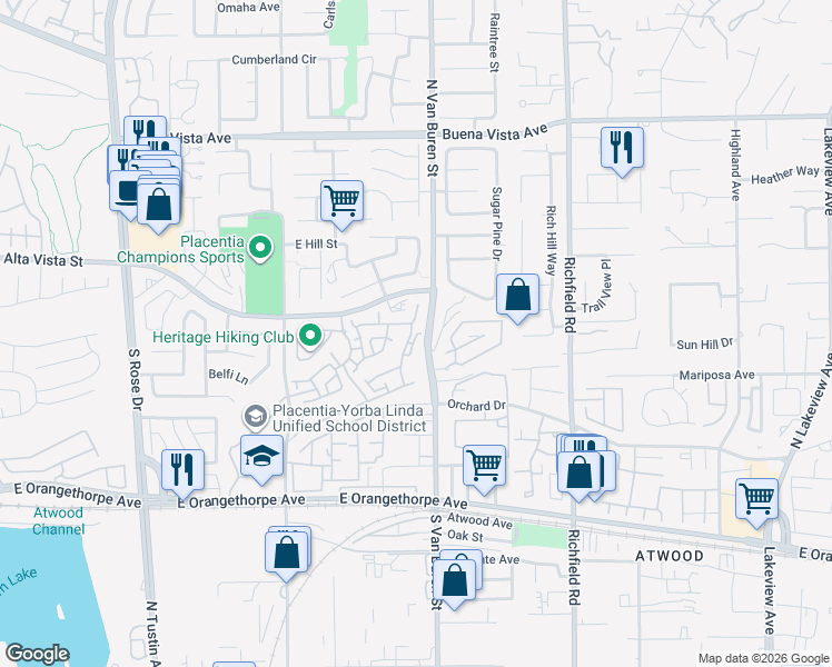 map of restaurants, bars, coffee shops, grocery stores, and more near 339 Draft Way in Placentia