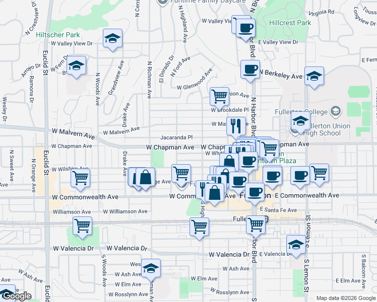 map of restaurants, bars, coffee shops, grocery stores, and more near 328 West Whiting Avenue in Fullerton