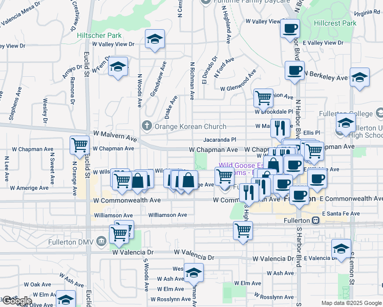 map of restaurants, bars, coffee shops, grocery stores, and more near 317 North Richman Avenue in Fullerton