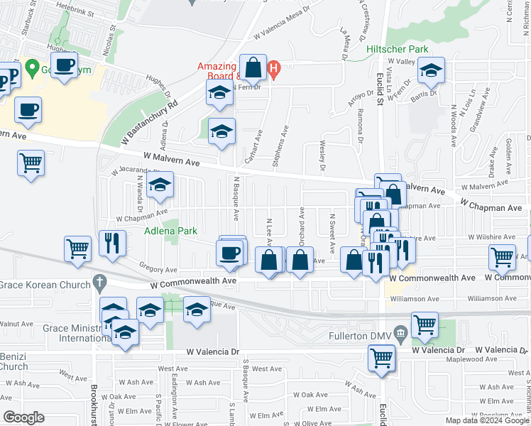 map of restaurants, bars, coffee shops, grocery stores, and more near 312 North Wayne Avenue in Fullerton
