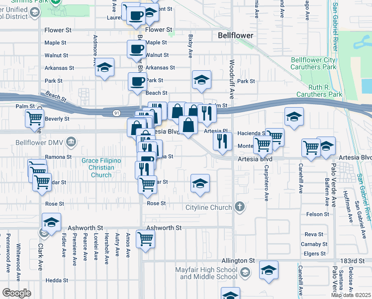 map of restaurants, bars, coffee shops, grocery stores, and more near 9933 Ramona Street in Bellflower