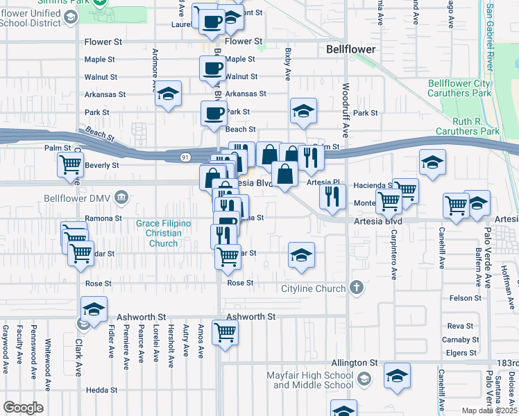 map of restaurants, bars, coffee shops, grocery stores, and more near 9933 Ramona Street in Bellflower