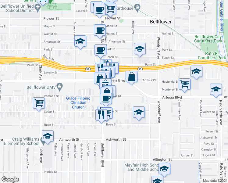 map of restaurants, bars, coffee shops, grocery stores, and more near 9852 Ramona Street in Bellflower