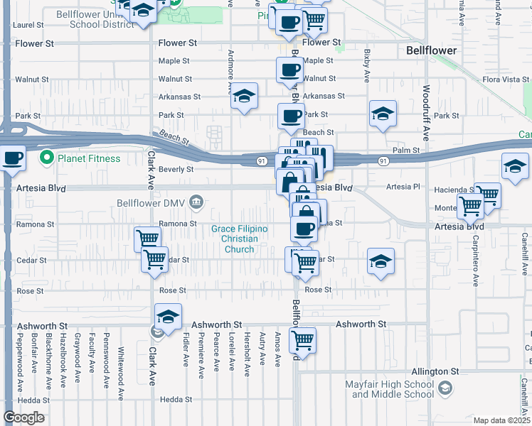 map of restaurants, bars, coffee shops, grocery stores, and more near 9730 Ramona Street in Bellflower