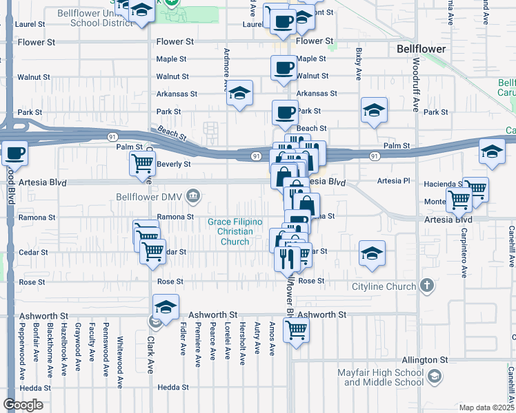 map of restaurants, bars, coffee shops, grocery stores, and more near 9730 Ramona Street in Bellflower