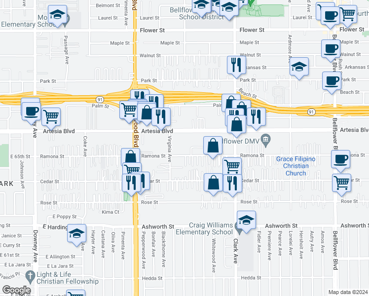 map of restaurants, bars, coffee shops, grocery stores, and more near 9131 Ramona Street in Bellflower