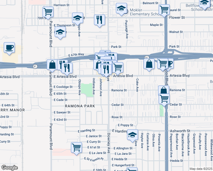 map of restaurants, bars, coffee shops, grocery stores, and more near 3445 East 65th Street in Long Beach