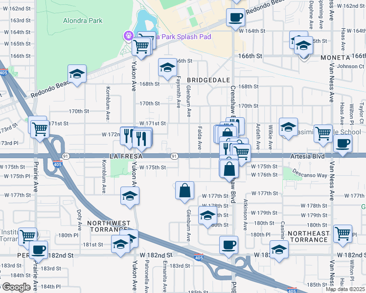 map of restaurants, bars, coffee shops, grocery stores, and more near 17327 Glenburn Avenue in Torrance