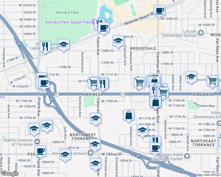 map of restaurants, bars, coffee shops, grocery stores, and more near 3435 Artesia Boulevard in Torrance