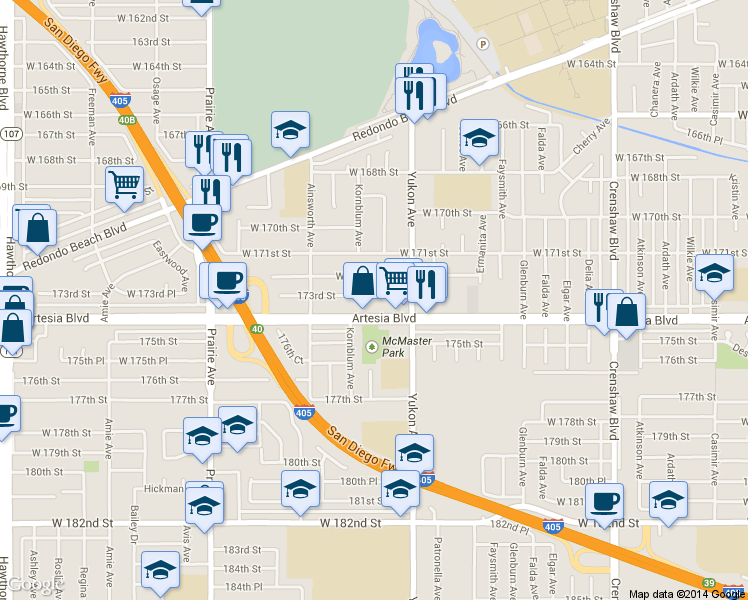 map of restaurants, bars, coffee shops, grocery stores, and more near 3635 Artesia Boulevard in Torrance