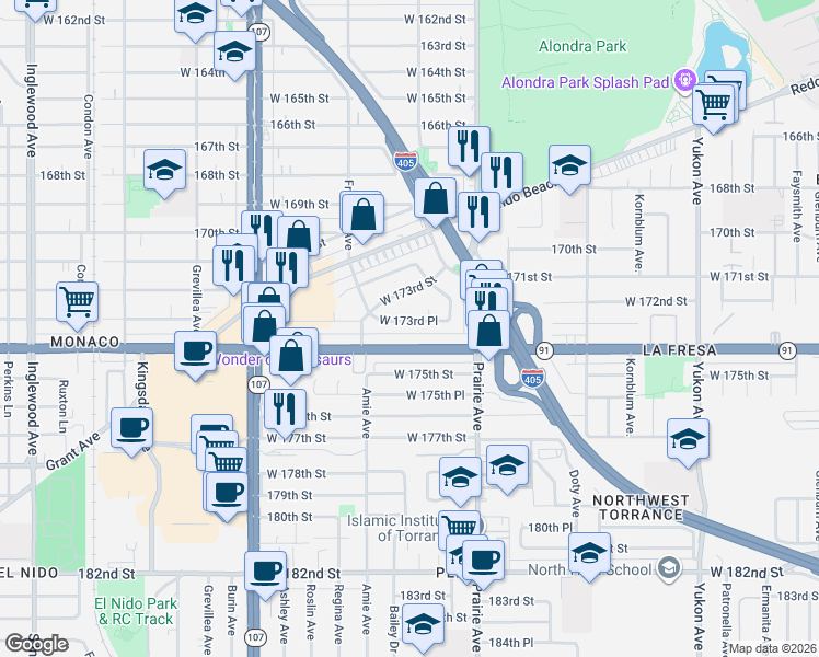 map of restaurants, bars, coffee shops, grocery stores, and more near 4125 Artesia Boulevard in Torrance