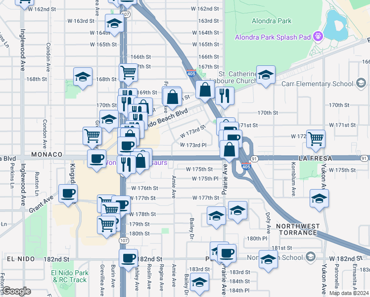 map of restaurants, bars, coffee shops, grocery stores, and more near 4125 Artesia Boulevard in Torrance