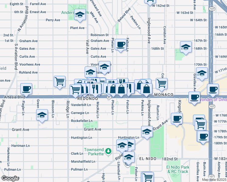 map of restaurants, bars, coffee shops, grocery stores, and more near 2423 Artesia Boulevard in Redondo Beach
