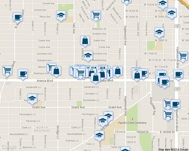 map of restaurants, bars, coffee shops, grocery stores, and more near 2423 Artesia Boulevard in Redondo Beach