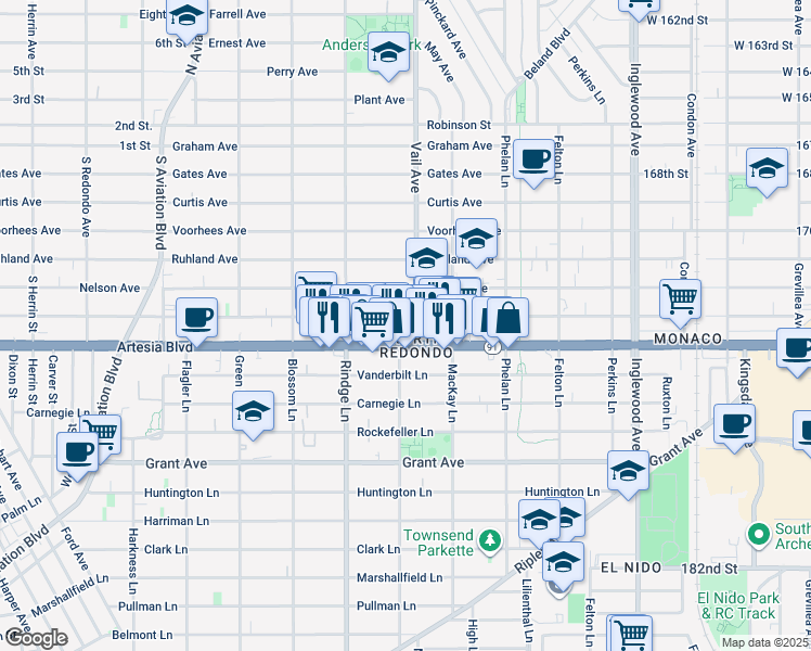 map of restaurants, bars, coffee shops, grocery stores, and more near 2219 Artesia Boulevard in Redondo Beach