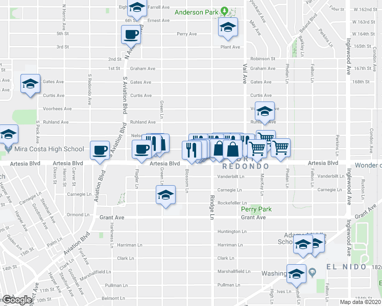 map of restaurants, bars, coffee shops, grocery stores, and more near 2107 Artesia Boulevard in Redondo Beach