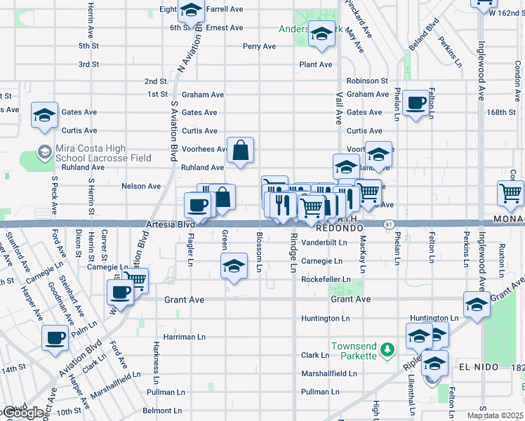 map of restaurants, bars, coffee shops, grocery stores, and more near 2107 Artesia Boulevard in Redondo Beach