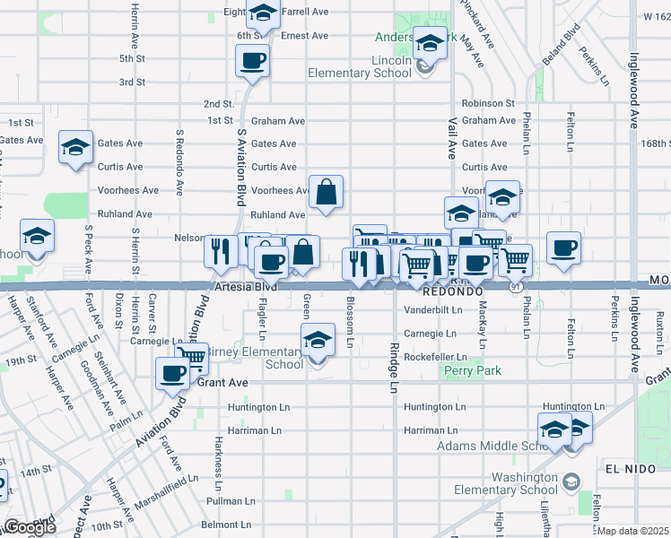 map of restaurants, bars, coffee shops, grocery stores, and more near 2017 Artesia Boulevard in Redondo Beach