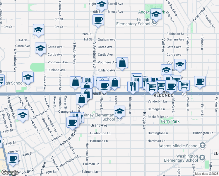 map of restaurants, bars, coffee shops, grocery stores, and more near 1935 Artesia Boulevard in Redondo Beach