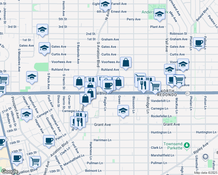map of restaurants, bars, coffee shops, grocery stores, and more near 1935 Artesia Boulevard in Redondo Beach