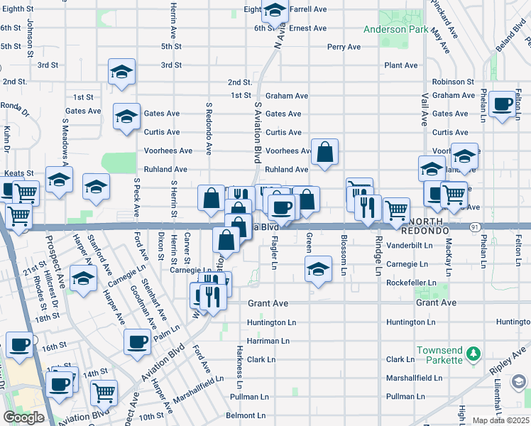 map of restaurants, bars, coffee shops, grocery stores, and more near 1778 Artesia Boulevard in Manhattan Beach