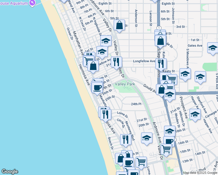 map of restaurants, bars, coffee shops, grocery stores, and more near 231 26th Street in Hermosa Beach