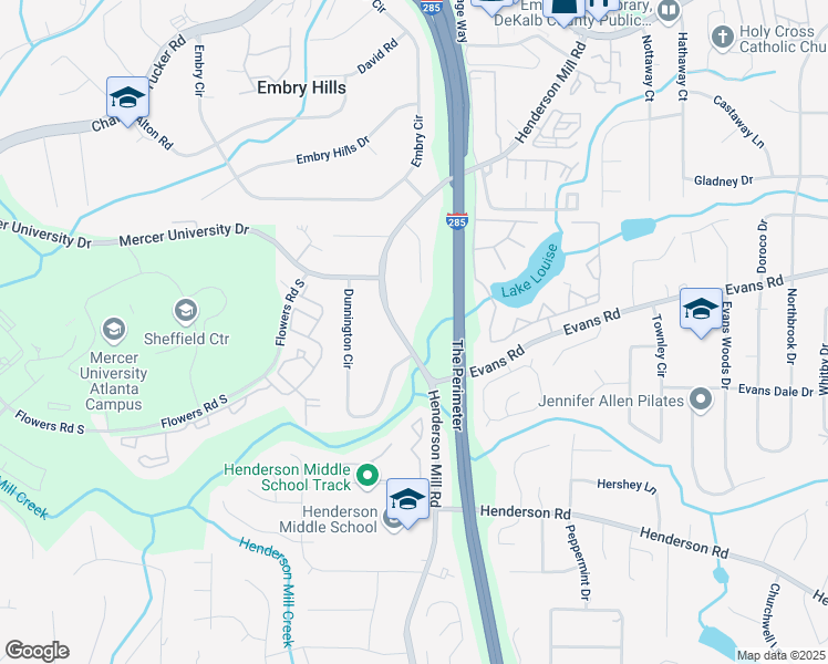 map of restaurants, bars, coffee shops, grocery stores, and more near 2990 Henderson Mill Road in Chamblee