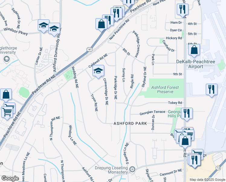 map of restaurants, bars, coffee shops, grocery stores, and more near 2922 Parkridge Drive Northeast in Atlanta