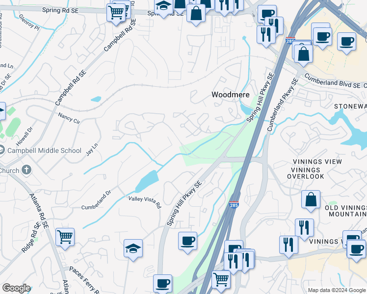 map of restaurants, bars, coffee shops, grocery stores, and more near 2008 Crestlane Drive Southeast in Smyrna