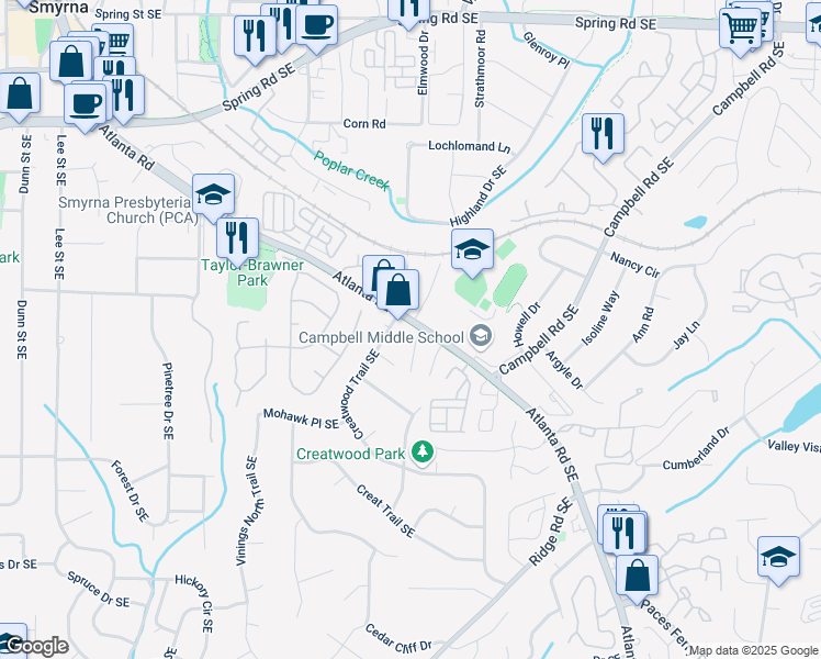 map of restaurants, bars, coffee shops, grocery stores, and more near 1906 New Haven Court Southeast in Smyrna