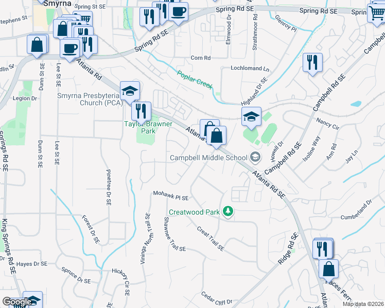map of restaurants, bars, coffee shops, grocery stores, and more near 3282 Millwood Trail Southeast in Smyrna
