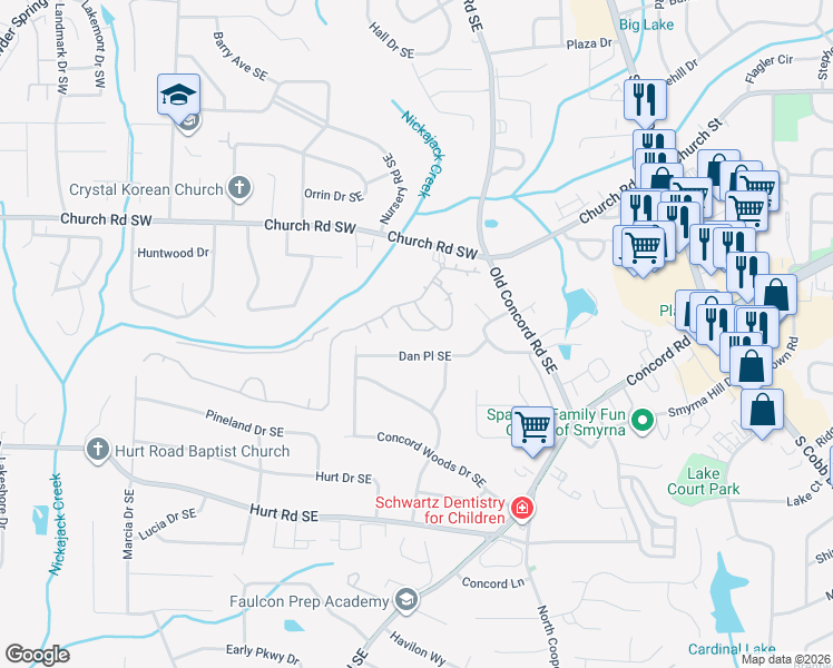 map of restaurants, bars, coffee shops, grocery stores, and more near 425 Dan Place Southeast in Smyrna