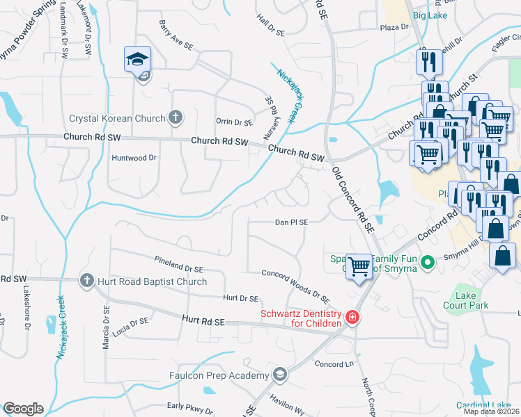 map of restaurants, bars, coffee shops, grocery stores, and more near 373 Dan Place Southeast in Smyrna