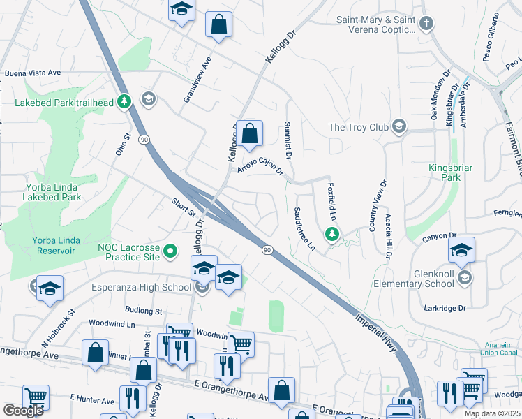 map of restaurants, bars, coffee shops, grocery stores, and more near 19022 Rockwood Drive in Yorba Linda