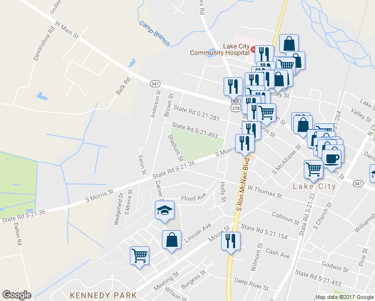 map of restaurants, bars, coffee shops, grocery stores, and more near 380 South Morris Street in Lake City