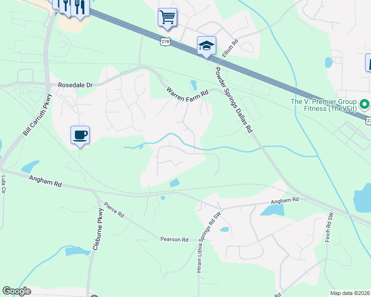 map of restaurants, bars, coffee shops, grocery stores, and more near 3240 Creek Trace West in Powder Springs