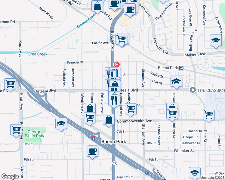 map of restaurants, bars, coffee shops, grocery stores, and more near Beach Boulevard & Artesia Boulevard in Buena Park
