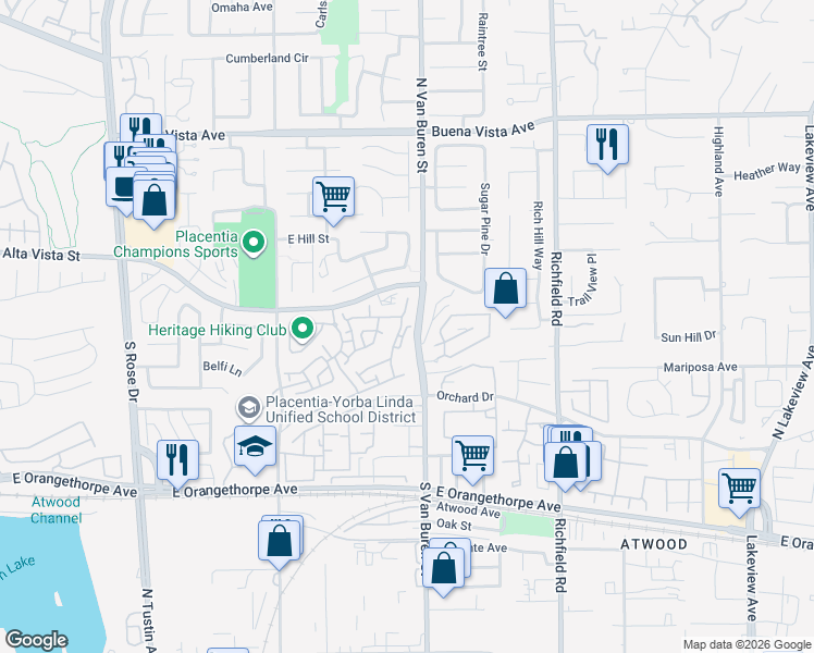 map of restaurants, bars, coffee shops, grocery stores, and more near 376 North Gullotti Place in Placentia