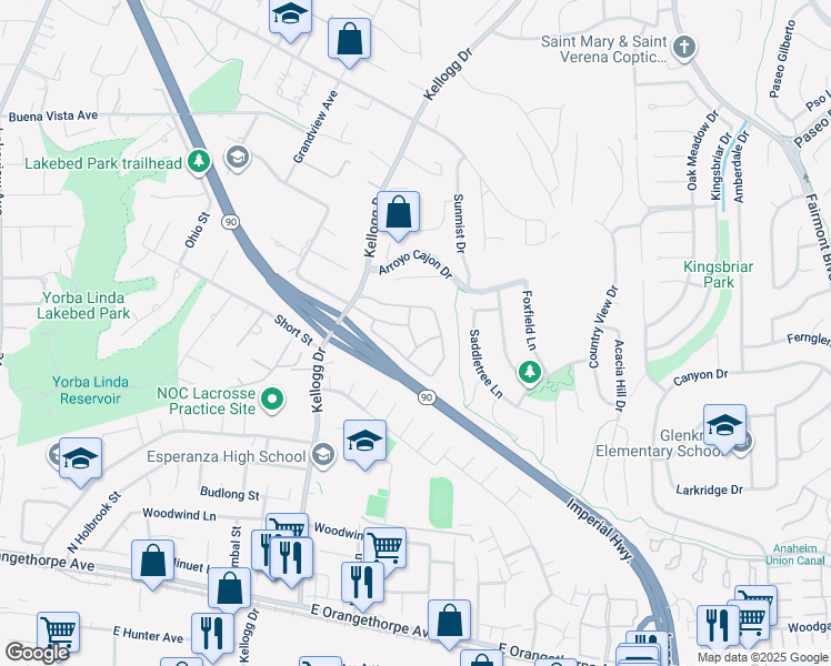 map of restaurants, bars, coffee shops, grocery stores, and more near 6096 Terrace Lane in Yorba Linda