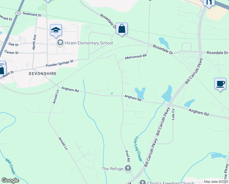 map of restaurants, bars, coffee shops, grocery stores, and more near 485 Angham Road in Hiram