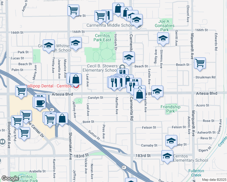 map of restaurants, bars, coffee shops, grocery stores, and more near 13240 Abana Place in Cerritos