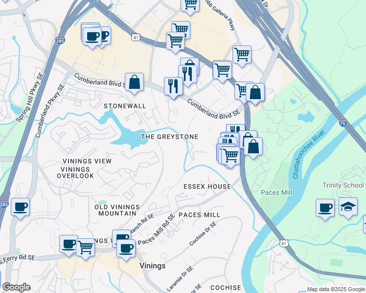 map of restaurants, bars, coffee shops, grocery stores, and more near 3244 Stillhouse Road Southeast in Atlanta